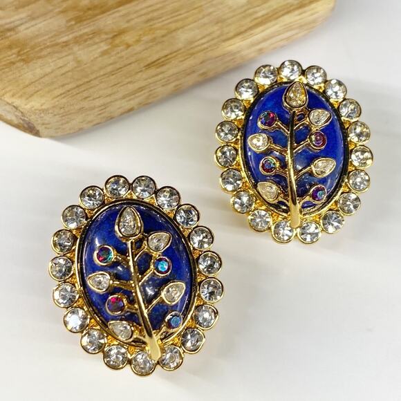 NEW Floral Rhinestone and Lapis Statement Earrings - Picture 12 of 16